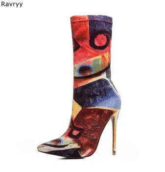 2019 г., дамски обувки в стил ретро с шарени бои, дамски къси ботуши с остри пръсти на Тънък ток, дамски обувки, Есен-Зима, Модни