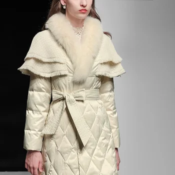 2021 ново зимно дамско палто с модерен темпераментным кожа яка, елегантен шал в формата на листа на лотос, на кръста пуховое палто тип А, жена