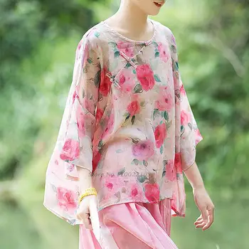 2022 китайската традиционна блуза с елегантен цветен принтом, древна блуза ципао чонсам, ретро върхове, китайска памучен бельо блуза ципао
