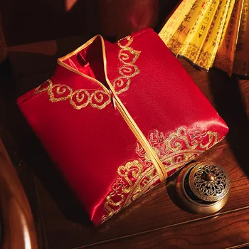 2022 Реколта Бродерия Дракон Ципао В Китайски Стил Традиционна Сватба Облекло За Младоженеца Рокли