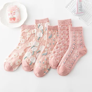 5 двойки женски чорапи на пролетта и есента са топли памучни чорапи в стил ретро Kawaii с 3D релефно и цветен Модел, Новост, чорапи със средна дължина, стил JK Lolita