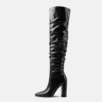 Arden Фуртадо/2021 г. Нови зимни Модни дамски ботуши над коляното на висок ток с остър пръсти и цип