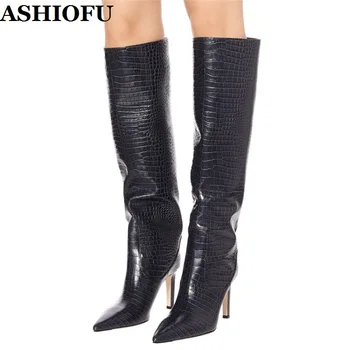 ASHIOFU/ Класически Дамски обувки Ръчна изработка на обувки с високи токчета, Лъскави кожени Вечерни Ботуши до коляното, вечерни клубни Модерен зимни обувки, Обувки