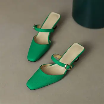 Kanseet/Дамски чехли от естествена кожа с Квадратни пръсти; Модни джапанки; Летни Обувки; Новост 2022 г.; Ръчно изработени Обувки на среден Ток; цвят Зелен 40