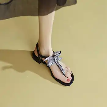 Lenkisen/чехли от овча кожа; Летни обувки на нисък ток с възел-пеперуда и кристали; сладък модни дамски сандали в приказен стил; L68