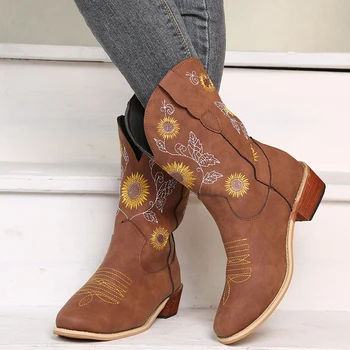 Lucyever/Модни дамски Обувки до средата на прасците с бродерия, есен 2021, Каубойски Ботуши в западен стил на Средно обувки, Дамски Обувки с Кръгло бомбе на квадратен ток