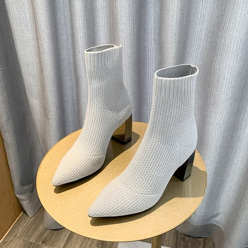 Miaoguan/Новост есента 2021 г.; сиви дамски къси ботильоны с пръсти; дамски еластични плетени обувки на квадратен метален ток 8 см; дамски обувки на висок ток 34