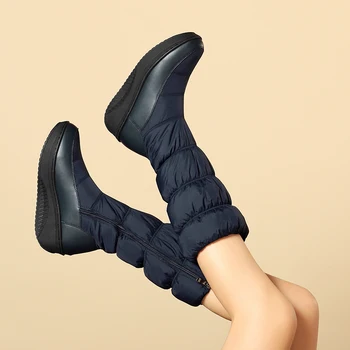 Osunlina/зимни зимни обувки; Сини дамски ботуши на равна подметка с кръгла пръсти; Водоустойчив удобни Ежедневни обувки с цип до коляното; Дамски A221