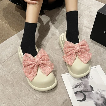 Pmwrun/ Дамски зимни популярна обувки 2022 г. от две точки на дебела подметка плюс Кадифе Водоустойчива Топло и удобно памучен обувки с лък в корейски стил