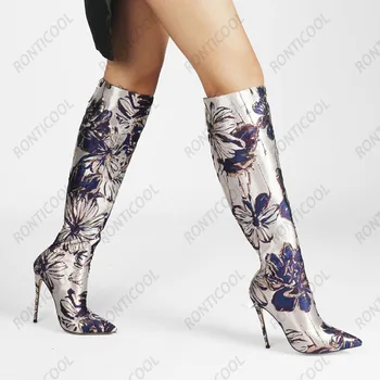 Ronticool/ Луксозни дамски зимни ботуши до коляното с цветен модел, Чубрица обувки на висок ток с остър пръсти, Прекрасни червени, сини Клубни обувки, големи размери САЩ 5-15