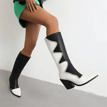 Дамски високи ботуши в европейския и американския стил, подходящи по цвят, от изкуствена кожа с остри пръсти на дебелите обувки, Модни градинска Ежедневни Универсална дамски обувки