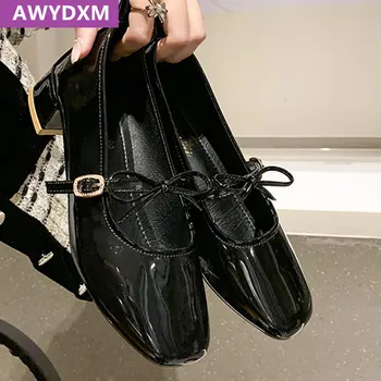 Дамски обувки Мари Джейн; Дизайнерски обувки на нисък ток с квадратни пръсти; Колекция 2023 година, Пролетта Нова Рокля; Сандали от Изкуствена Кожа с лък; Модни дамски обувки; Chaussures Femme