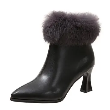 Елегантни Дамски обувки, Плюшени ботуши с цип -Дамски Луксозен Дизайнерски Зимни Обувки с Подплата от кожа гума до средата на прасците с остри пръсти 2023