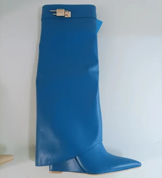 Жените заключване акули ботуши глезена дизайн луксозни налагане на попой дами с остър нос гънка на висок ток, Обувки на танкетке къси клинове обувки-обувки Botas