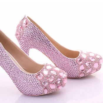 Индивидуални Розови Кристални Обувки за Парти по Случай рождения Ден на Висок Ток, 4 инча, Обувки-лодка за Абитуриентски бал в стил 