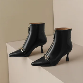 Нови дамски Полусапожки от естествена кожа с метална декорация, 34-42 Размер, есенно-зимни Черни Ботильоны цвят на Чай с мляко, обувки на висок ток 6,5 см