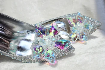 Новост 2021 година; Обувките на Пепеляшка на висок ток с кристали; Дамски обувки-лодка с остри пръсти; Женски сватбени обувки с кристали на ток 7 см и 9 см; голям размер