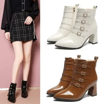 Новост 2022 г.; модни обикновен дамски зимни обувки на висок масивна ток; модни пикантни къса обувки; дамски обувки за партита