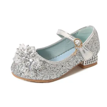 Обувки на принцесата на висок ток за момичета, Събиране на 2022 година, Пролетно-летни Нови Лъскави детски модела обувки с пайети, кожени, гумени, от 7 до 12 години