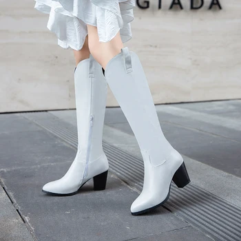 От 2021 г. с Нови Модни дамски Престрелки ботуши на нисък квадратен ток с Високо качество, дамски ботуши до Коляното с остри пръсти, ботуши в западен стил