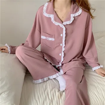 розово пижамный комплект с волани, всекидневни свободен есента домашен костюм, риза с дълги ръкави, пижамные панталони, пижамный комплект от 2 теми, облекло за почивка