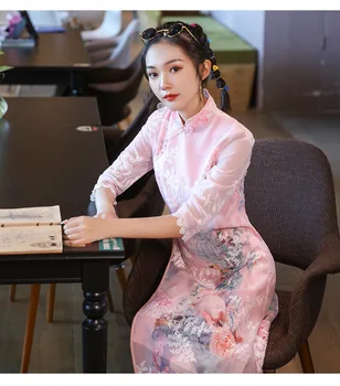 Рокля с къс ръкав Ow Yai Gilrs Традиционното Вьетнамское рокля Ад Дай Плюс Размер S-4XL
